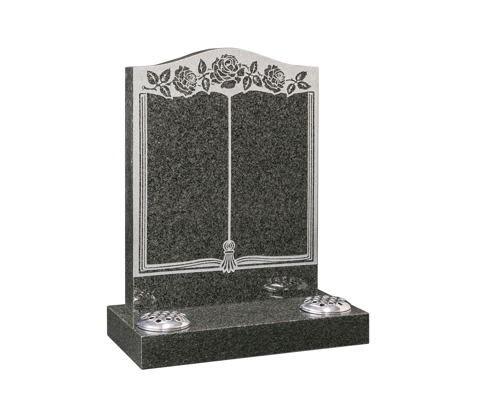 Dark Grey Granite Sandblasted Book and Roses Memorial Headstone