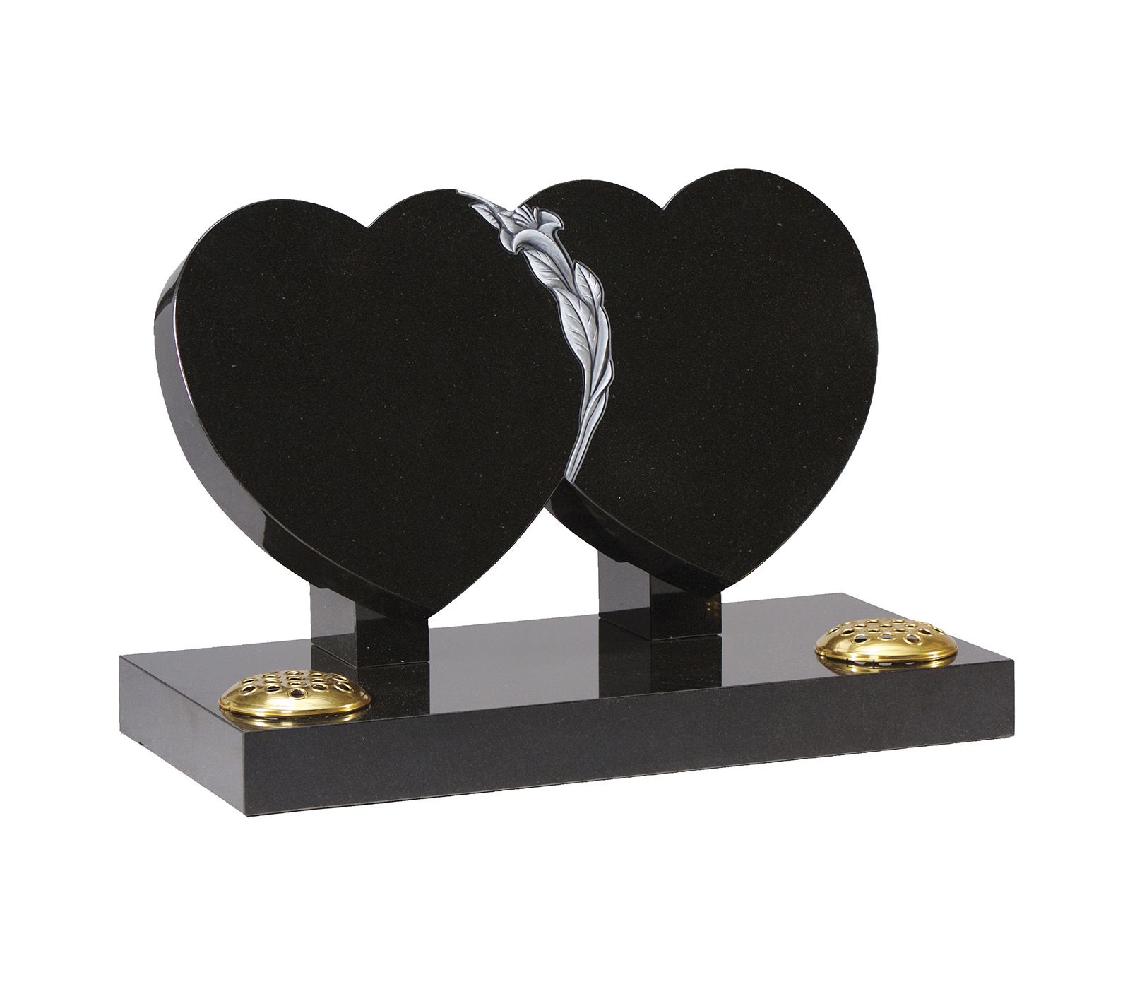 Black Granite Double Heart with Carved Lilies Memorial Headstone