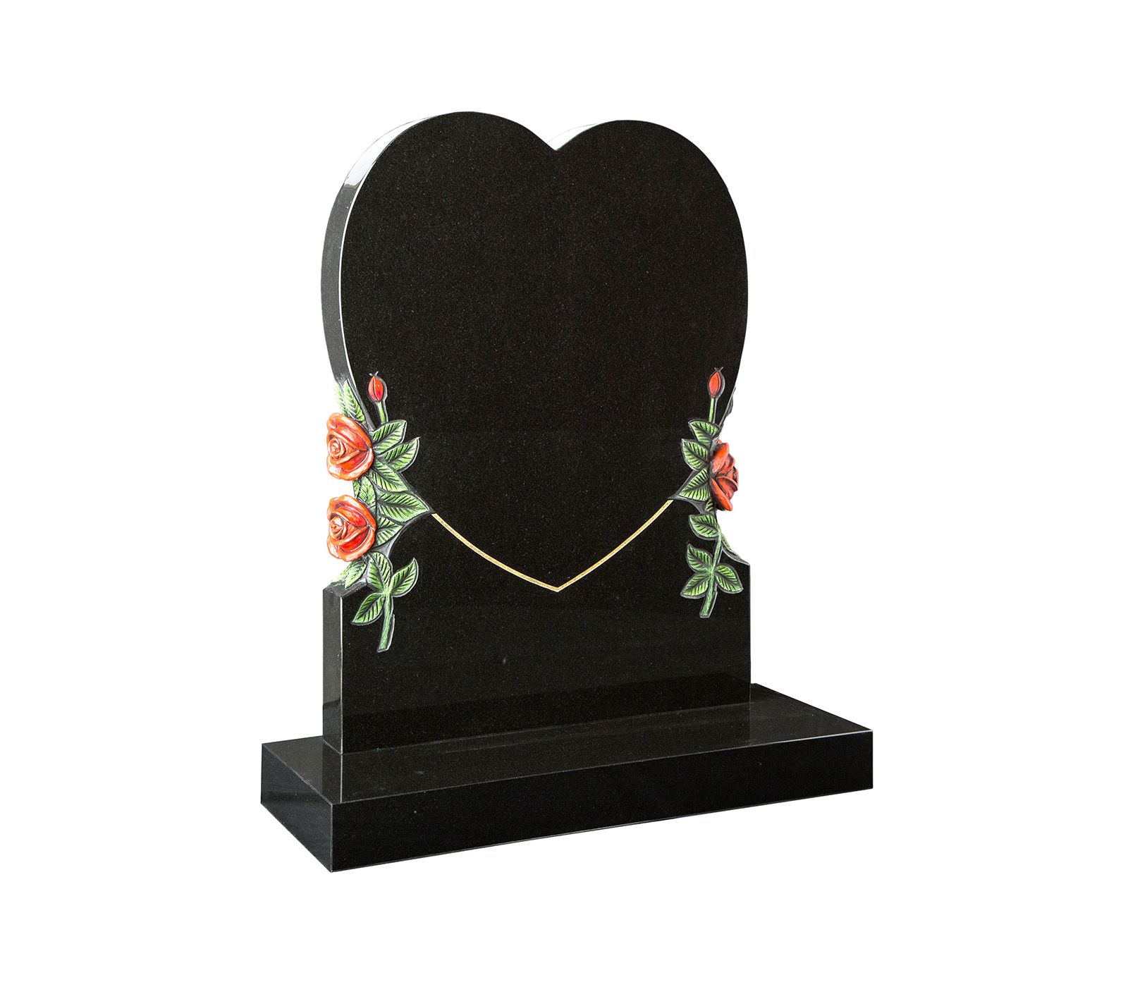 Black Granite Heart Memorial with Carved Roses Headstone