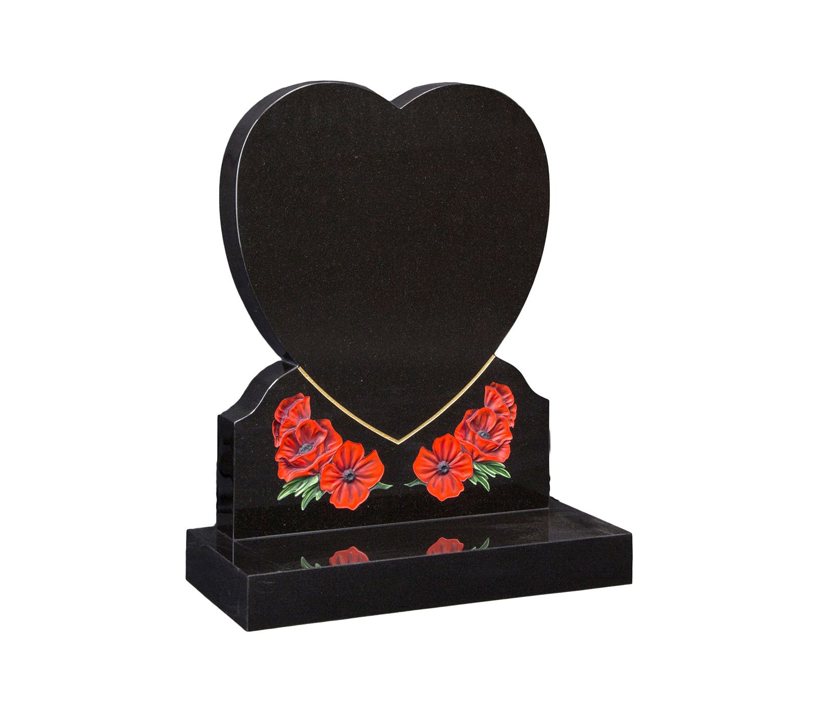 Black Granite Heart Memorial with Painted Poppies Headstone
