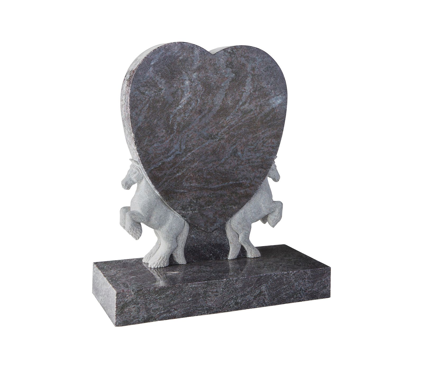 Bahama Blue Granite Heart Memorial with Carved Horses Headstone