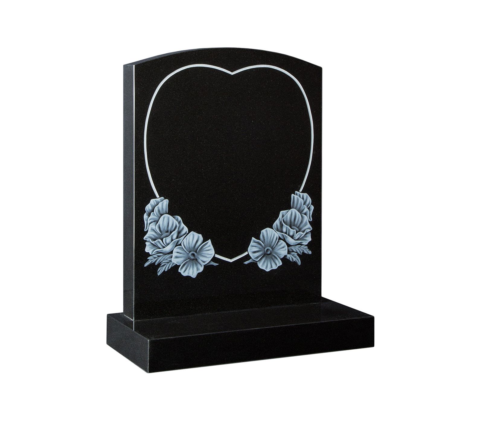 Black Heart Pin Line Poppies Granite Memorial Headstone