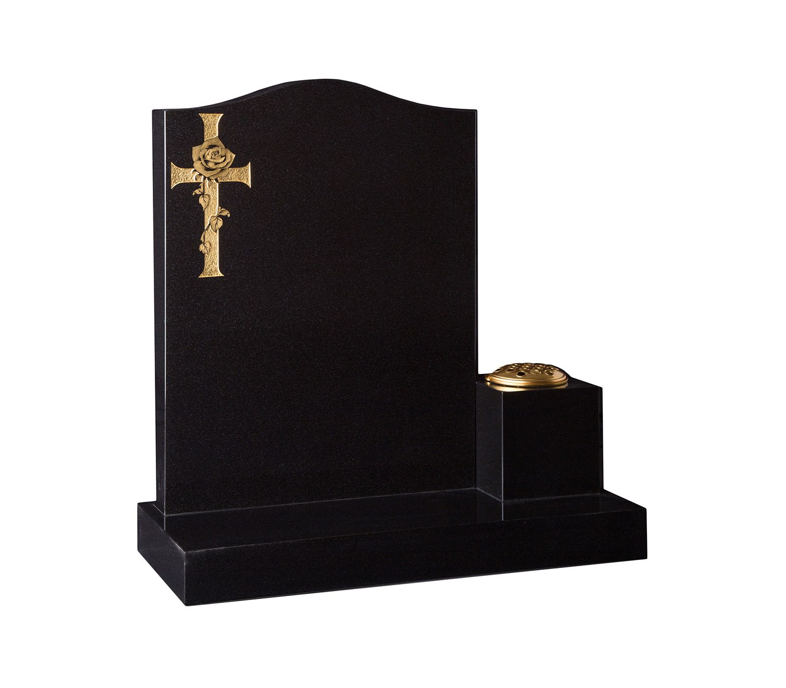 Black Offset Base Gilded Cross Rose Granite Memorial Headstone