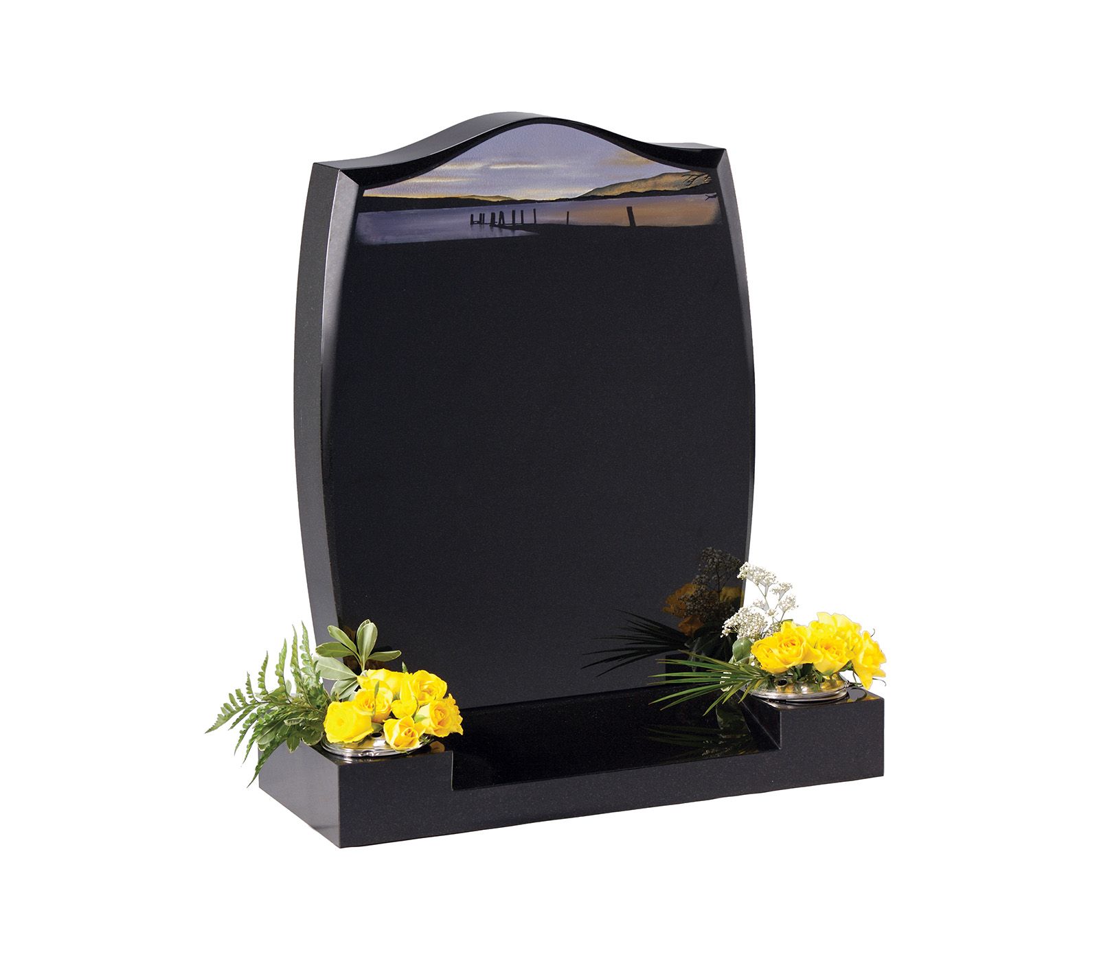 Black Hand Painted Scene Granite Memorial Headstone