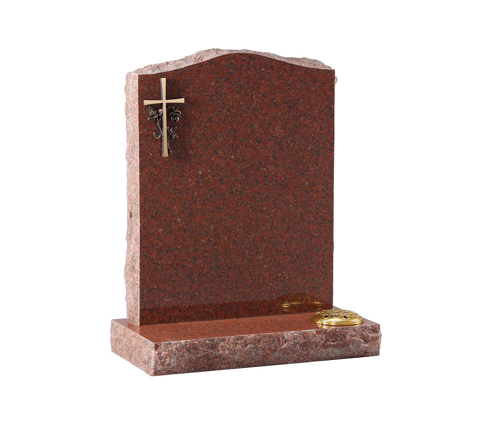 Ruby Red Rustic Pitched Edge Bronze Cross and Rose Granite Memorial Headstone