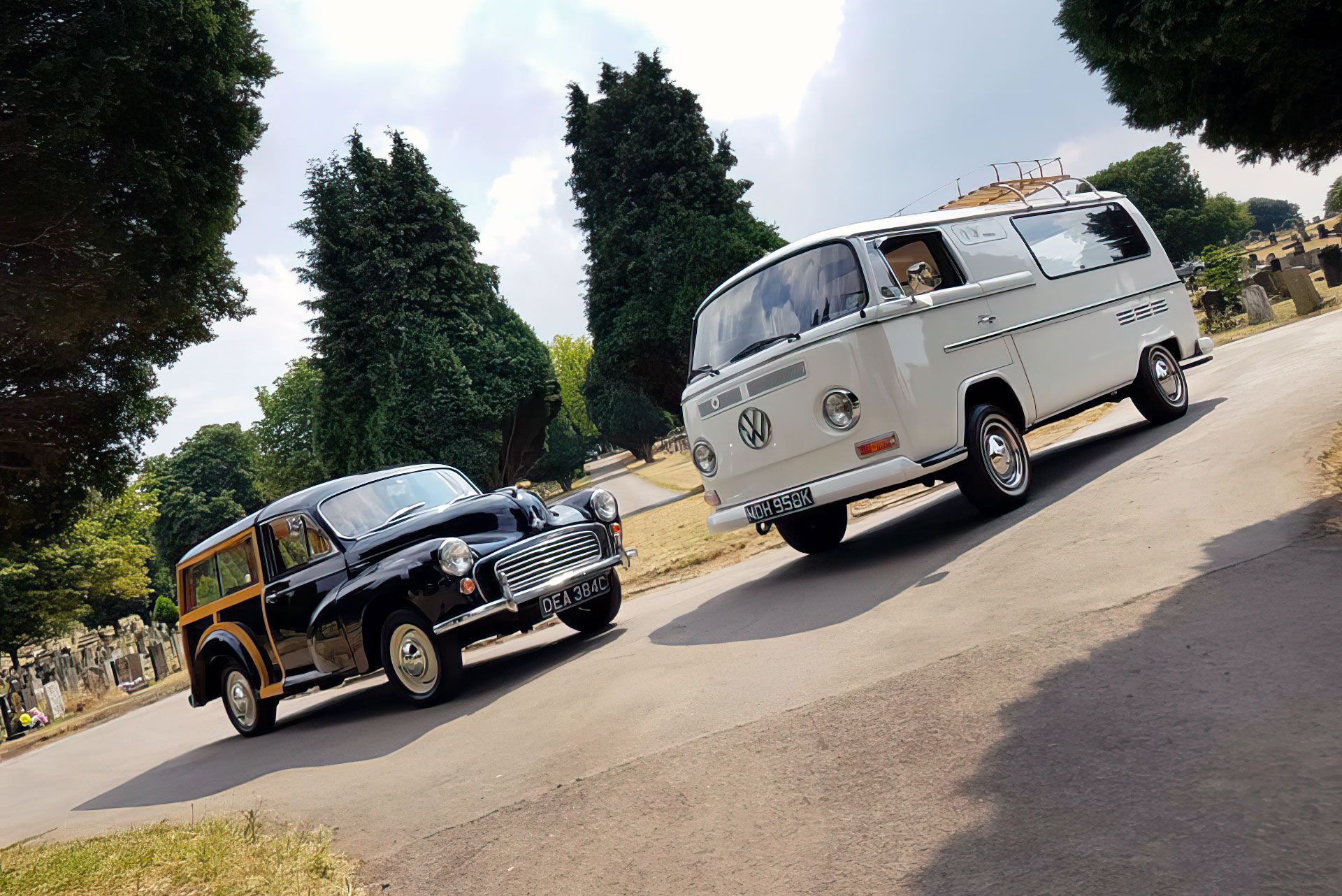 Moris Minor Traveller Hearse and 1972 VW Bay Window Hearse at a Funeral