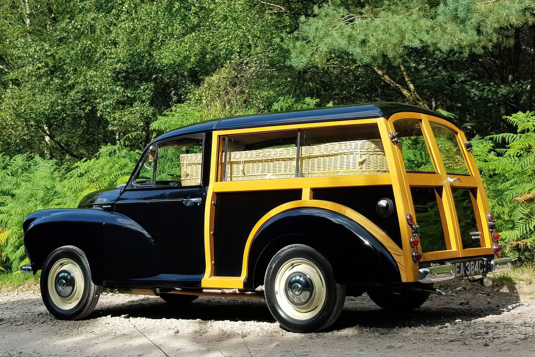 Morris Minor Traveller Funeral Hearse with Wicker Coffin